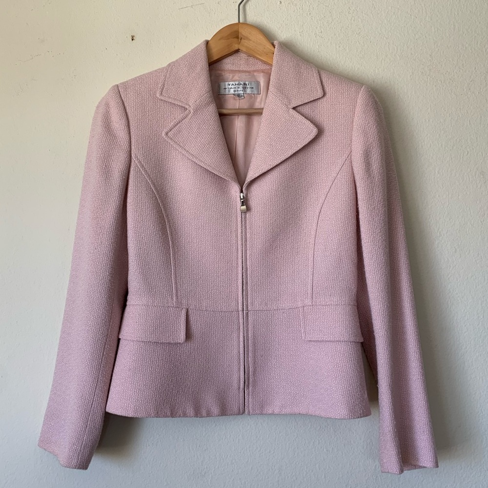 Tahari ASL pink tweed zip blazer